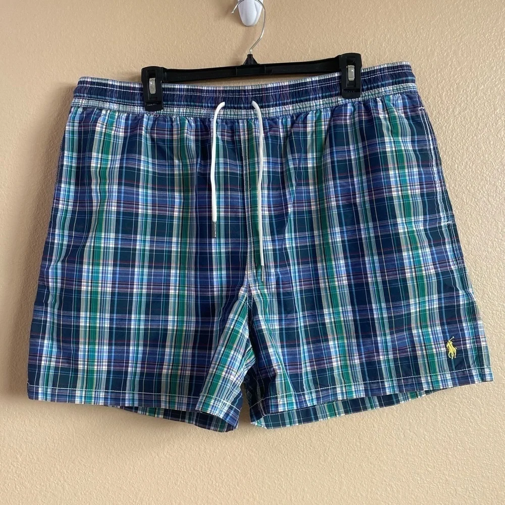 Polo by Ralph Lauren Mens Size XXL Plaid Blue Drawstring‎ Waist Swim Trunks